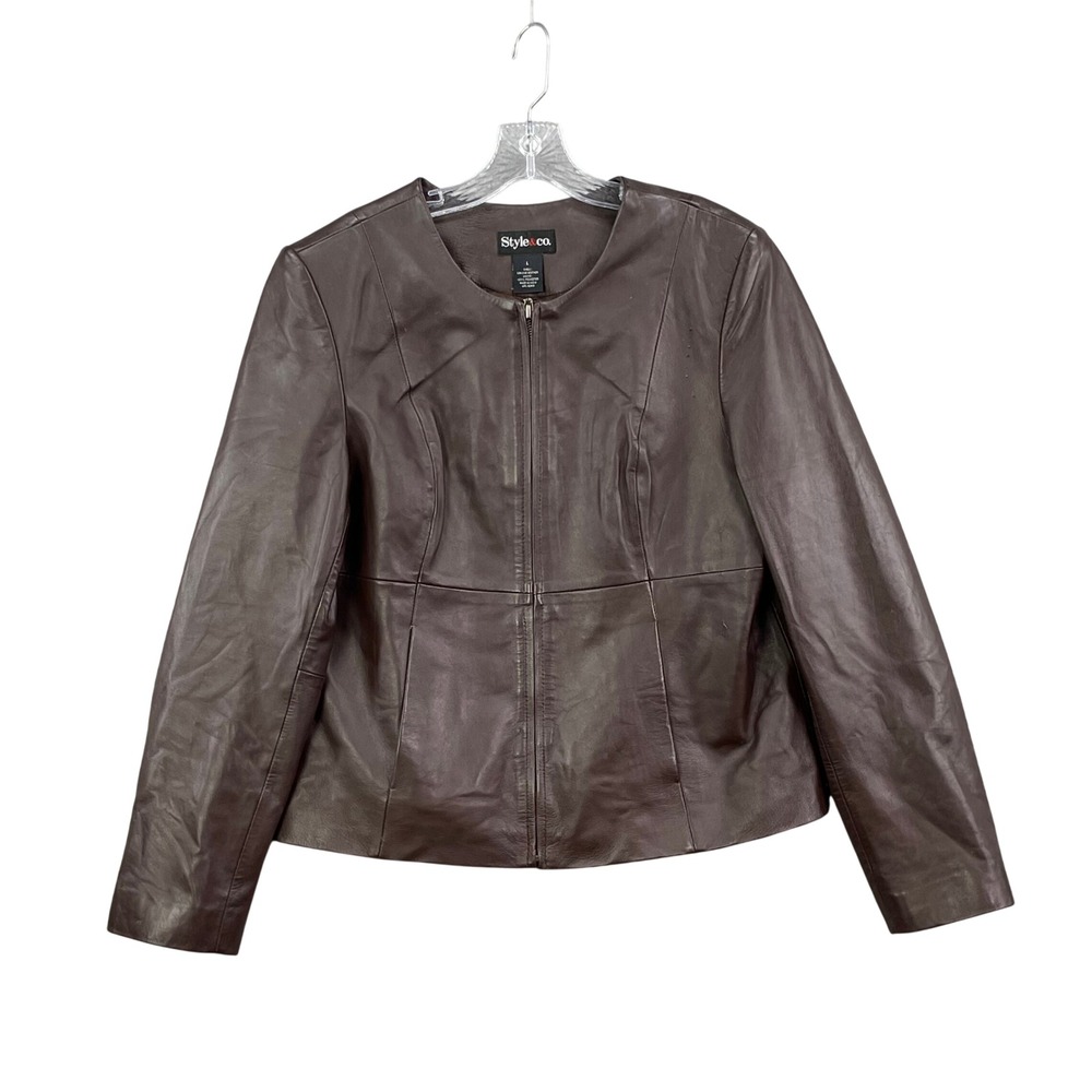 Style & Co Leather Jacket Womens L Brown Full Zip Collarless Minimalist Moto